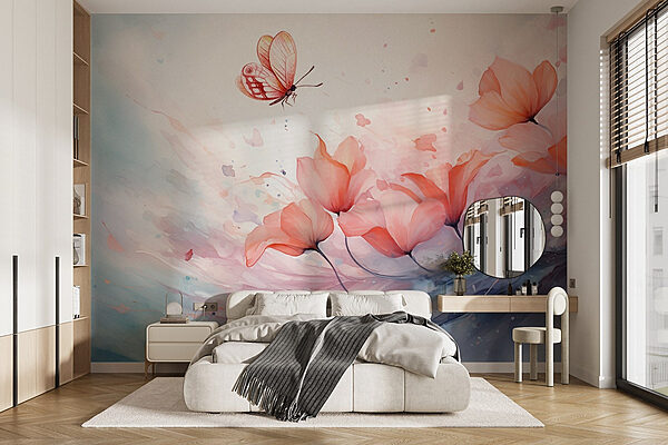 Vlinder vliegt over bloemen Fotobehang Vlinder vliegt over bloemen