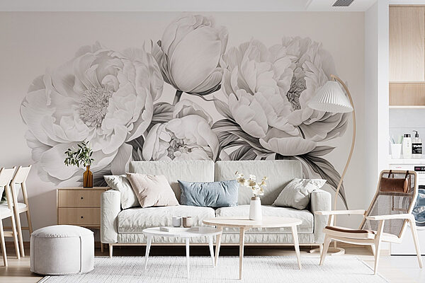 Tekening van bloemen op een witte achtergrond Fotobehang Tekening van bloemen op een witte achtergrond