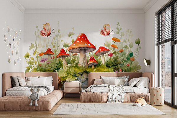 Schilderij van paddenstoelen en vlinders Fotobehang Schilderij van paddenstoelen en vlinders