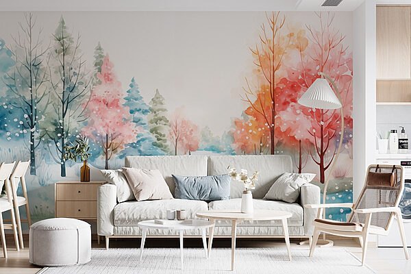 Aquarelverfschilderij van een besneeuwde weg met bomen Fotobehang Aquarelverfschilderij van een besneeuwde weg met bomen