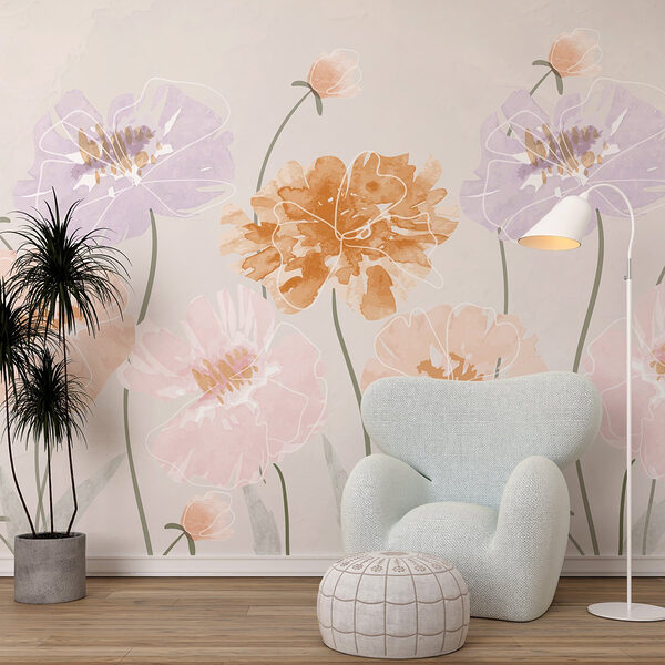 Groep bloemen met bladeren Fotobehang Groep bloemen met bladeren
