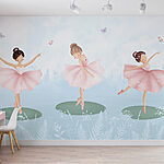 Fotobehang Groep meisjes in roze tutu dansend op lelieblad