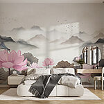 Fotobehang Schilderij van bloemen en water