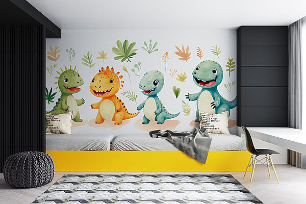 Groep tekenfilmachtige dinosaurussen Fotobehang Groep tekenfilmachtige dinosaurussen