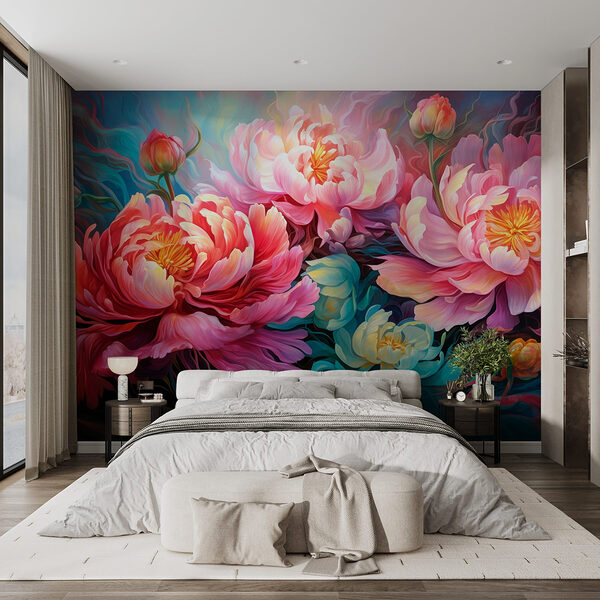 Schilderij van bloemen op een blauwe achtergrond Fotobehang Schilderij van bloemen op een blauwe achtergrond