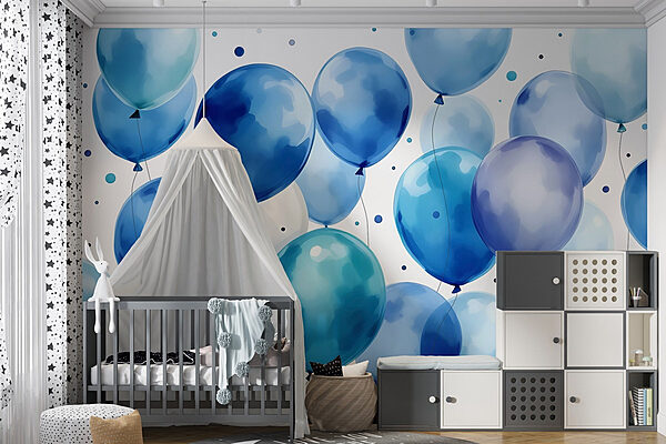 Groep blauwe en witte ballonnen Fotobehang Groep blauwe en witte ballonnen