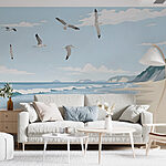 Fotobehang Strand met overvliegende vogels