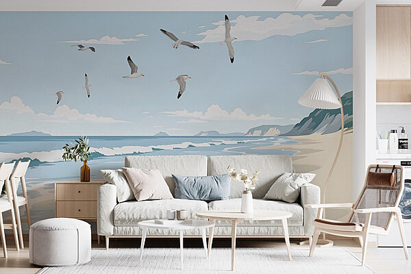 Strand met overvliegende vogels Fotobehang Strand met overvliegende vogels
