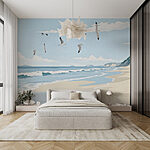 Fotobehang Strand met overvliegende vogels