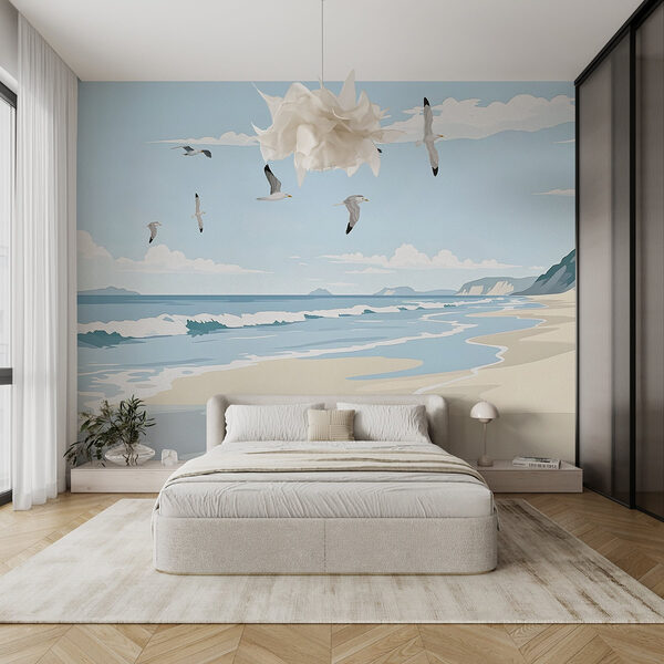 Fotobehang Strand met overvliegende vogels