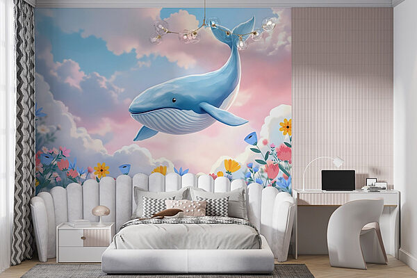 Walvis vliegt over bloemen Fotobehang Walvis vliegt over bloemen