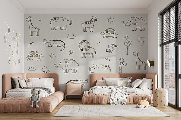 Groep dieren getekend op een wit vlak Fotobehang Groep dieren getekend op een wit vlak