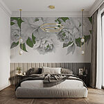 Fotobehang Groep witte bloemen met groene bladeren