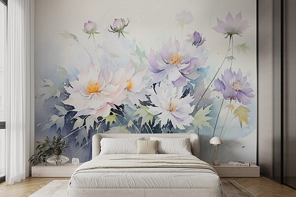 Schilderij van bloemen op een witte achtergrond Fotobehang Schilderij van bloemen op een witte achtergrond