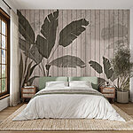 Fotobehang Houten muur met bladeren en planten