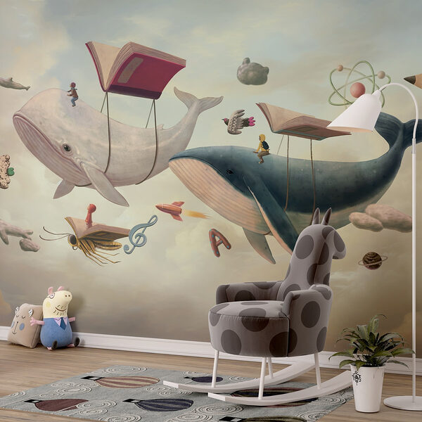 Walvis en walvis met boeken en een boek over hen Fotobehang Walvis en walvis met boeken en een boek over hen