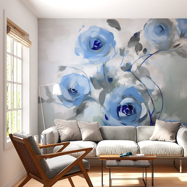 Schilderij van blauwe bloemen Fotobehang Schilderij van blauwe bloemen