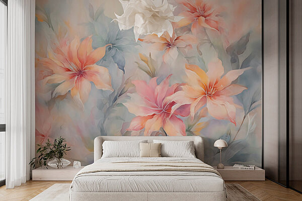 Schilderij van bloemen op een oppervlak Fotobehang Schilderij van bloemen op een oppervlak