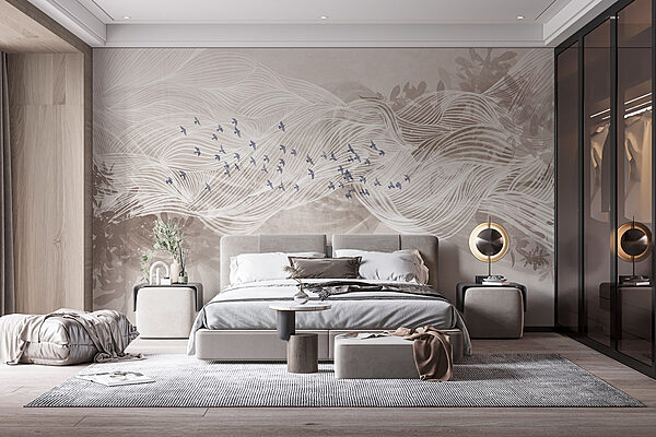 Witte en blauwe vogels vliegen in de lucht Fotobehang Witte en blauwe vogels vliegen in de lucht