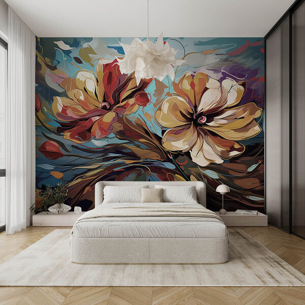 Schilderij van bloemen op een blauwe achtergrond Fotobehang Schilderij van bloemen op een blauwe achtergrond