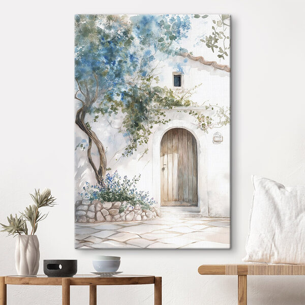 Schilderij van een deur en een boom op een muur Canvas Schilderijen Schilderij van een deur en een boom op een muur