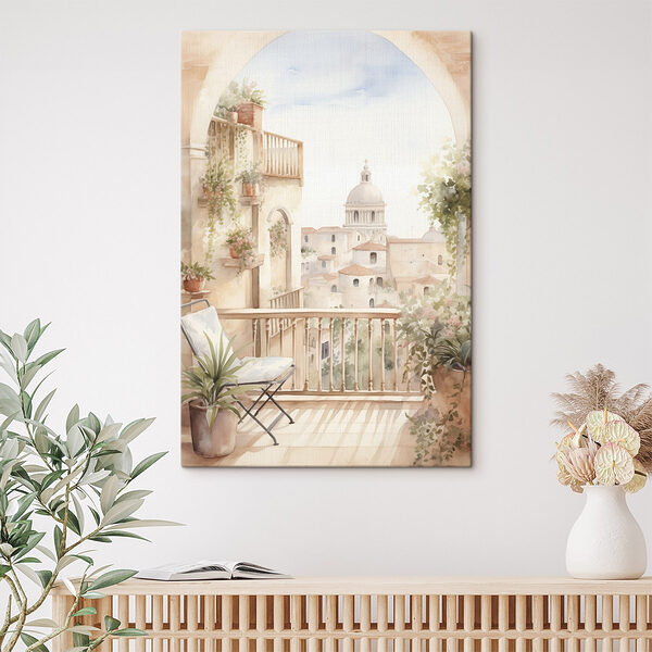 Aquarel van een balkon met uitzicht op een stad Canvas Schilderijen Aquarel van een balkon met uitzicht op een stad