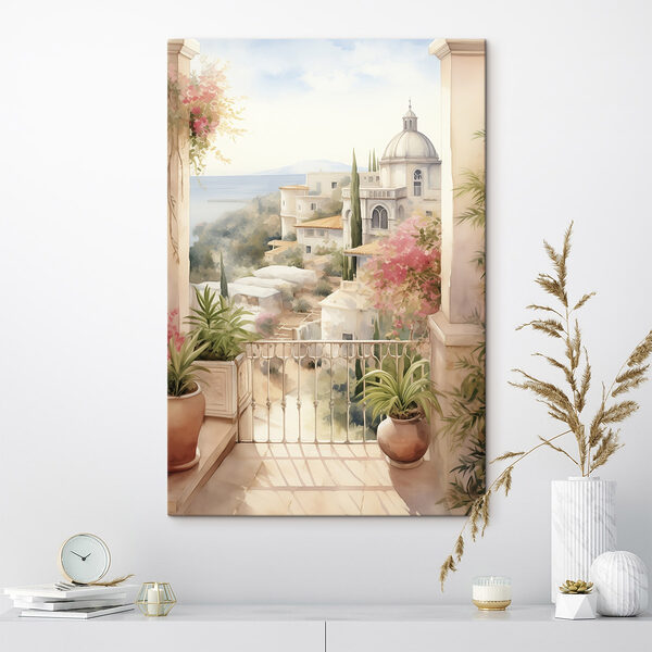 Aquarel van een balkon met uitzicht op een stad Canvas Schilderijen Aquarel van een balkon met uitzicht op een stad