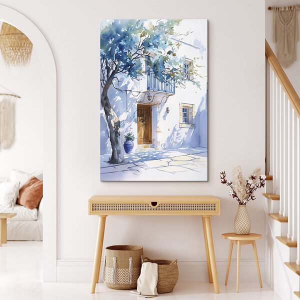 Aquarel van een gebouw met een boom en een balkon Canvas Schilderijen Aquarel van een gebouw met een boom en een balkon