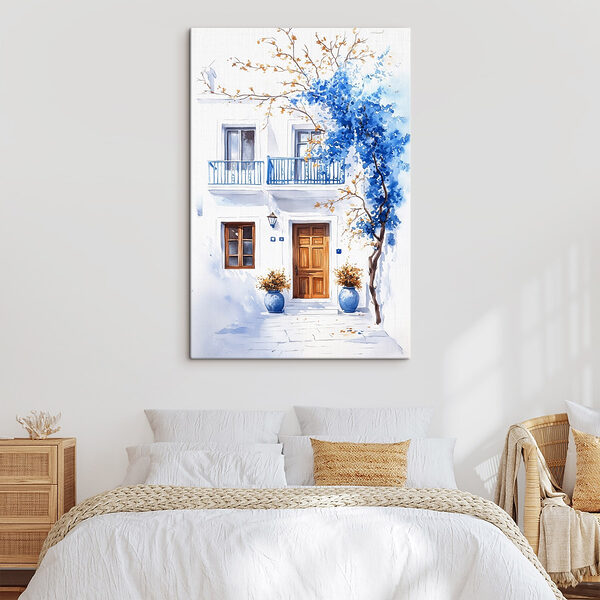 Aquarelverfschilderij van een gebouw met een balkon en blauwe bloemen Canvas Schilderijen Aquarelverfschilderij van een gebouw met een balkon en blauwe bloemen