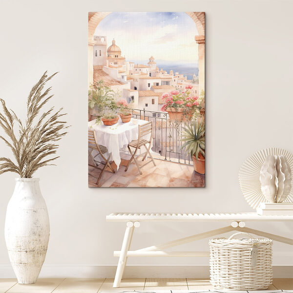 Aquarel schilderij van een tafel en stoelen op een balkon met uitzicht op een stad Canvas Schilderijen Aquarel schilderij van een tafel en stoelen op een balkon met uitzicht op een stad