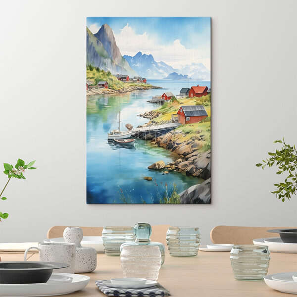 Aquarel van een rivier met een boot en huizen erop Canvas Schilderijen Aquarel van een rivier met een boot en huizen erop