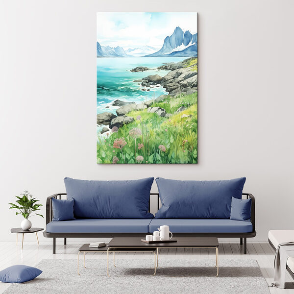 Aquarel van een rotskust met bergen en een blauwe lucht Canvas Schilderijen Aquarel van een rotskust met bergen en een blauwe lucht