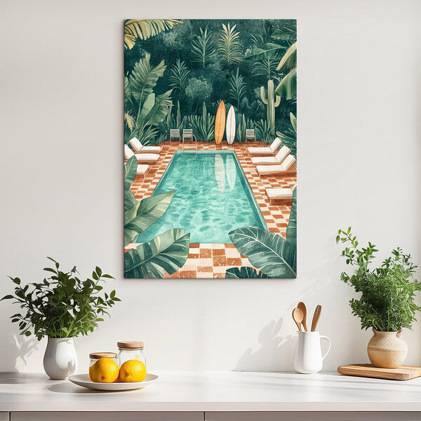Zwembad met stoelen en surfplanken in het midden Canvas Schilderijen Zwembad met stoelen en surfplanken in het midden