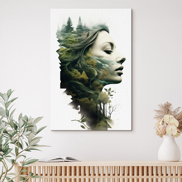 Vrouw’s gezicht met bomen en wolken Canvas Schilderijen Vrouw’s gezicht met bomen en wolken