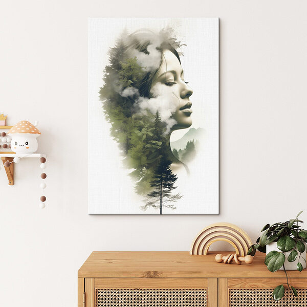 Vrouw’s gezicht met wolken en bomen Canvas Schilderijen Vrouw’s gezicht met wolken en bomen