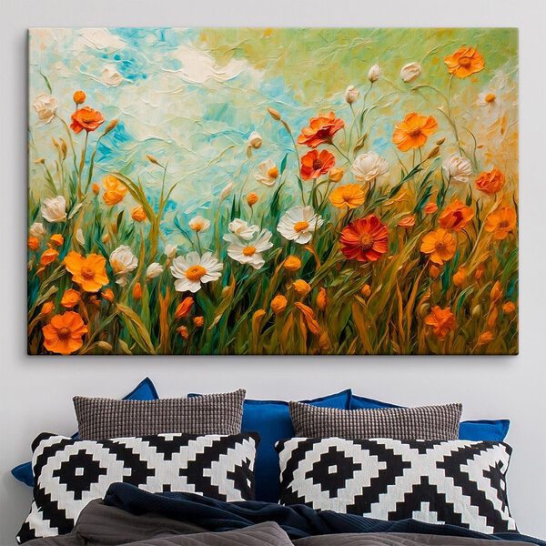 Schilderij van bloemen in een veld Canvas Schilderijen Schilderij van bloemen in een veld