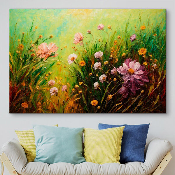 Schilderij van bloemen in een veld Canvas Schilderijen Schilderij van bloemen in een veld
