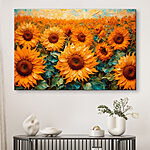 Canvas Schilderijen Schilderij van zonnebloemen in een veld