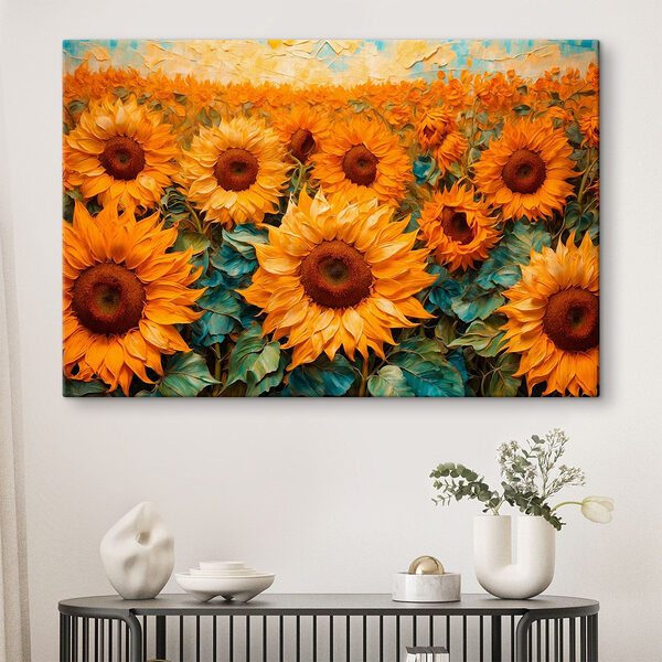 Schilderij van zonnebloemen in een veld Canvas Schilderijen Schilderij van zonnebloemen in een veld
