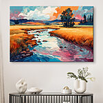 Canvas Schilderijen Rivier stroomt door een veld