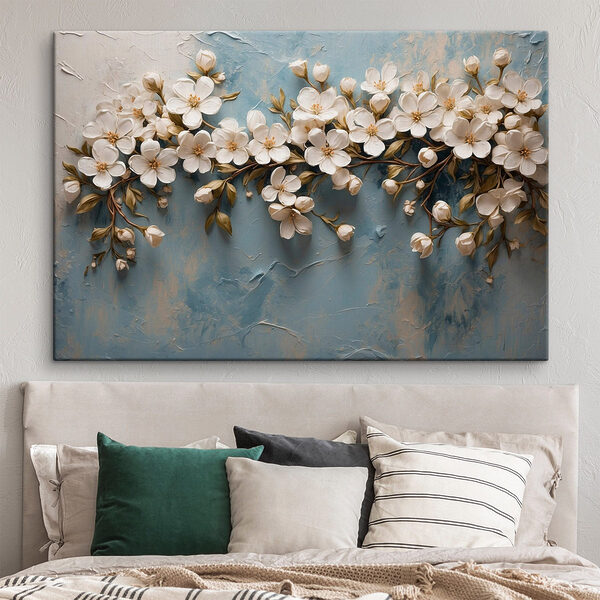 Canvas Schilderijen Witte bloemen op een blauw oppervlak