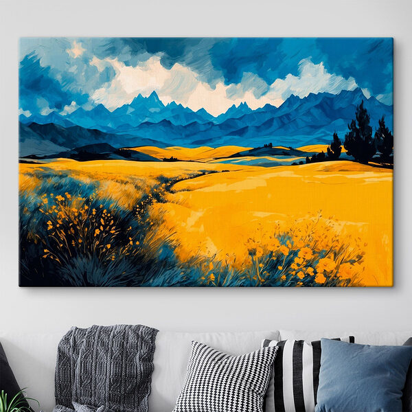 Geel veld met bergen op de achtergrond Canvas Schilderijen Geel veld met bergen op de achtergrond
