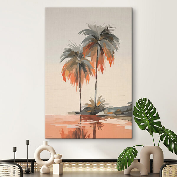 Schilderij van palmbomen op een strand Canvas Schilderijen Schilderij van palmbomen op een strand