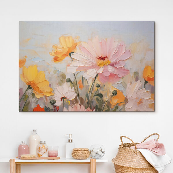Schilderij van bloemen op een blauwe achtergrond Canvas Schilderijen Schilderij van bloemen op een blauwe achtergrond