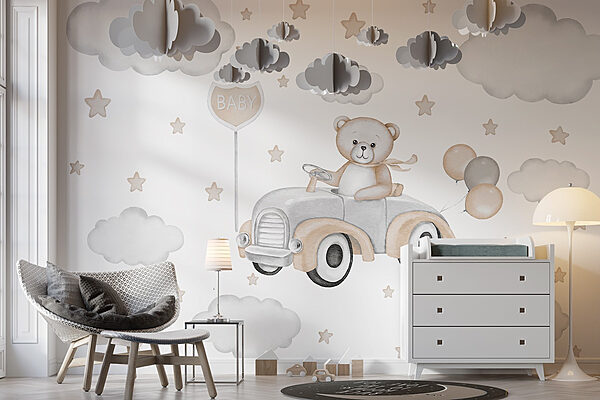 Teddybeer rijdt auto met ballonnen Fotobehang Teddybeer rijdt auto met ballonnen