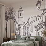 Fotobehang Tekening van een straat met gebouwen en een klokkentoren