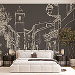 Fotobehang Tekening van een straat met gebouwen en een klokkentoren