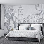 Fotobehang Tekening van een straat met een klokkentoren