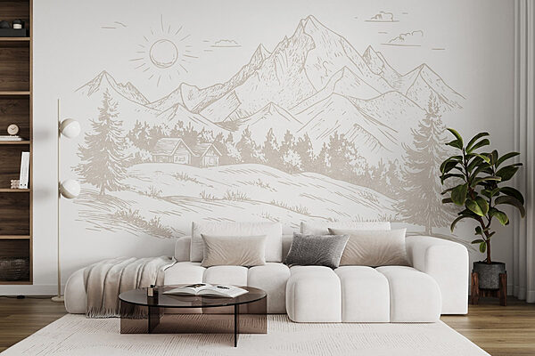 Tekening van een landschap met bergen en bomen Fotobehang Tekening van een landschap met bergen en bomen