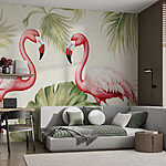 Fotobehang Paar roze flamingo's met groene bladeren
